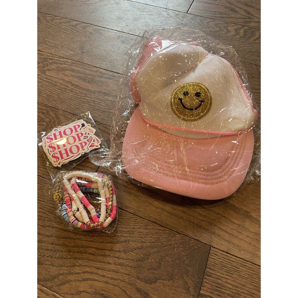 58 Pcs Preppy Smile Face Hat Set with Bracelets & Stickers for Girls & Teens New